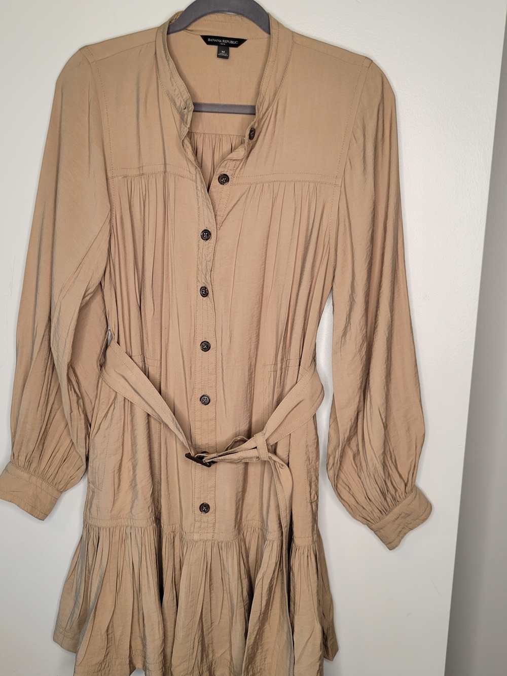 Banana Republic Tan Long-Sleeve Button Front Shirt Dress M